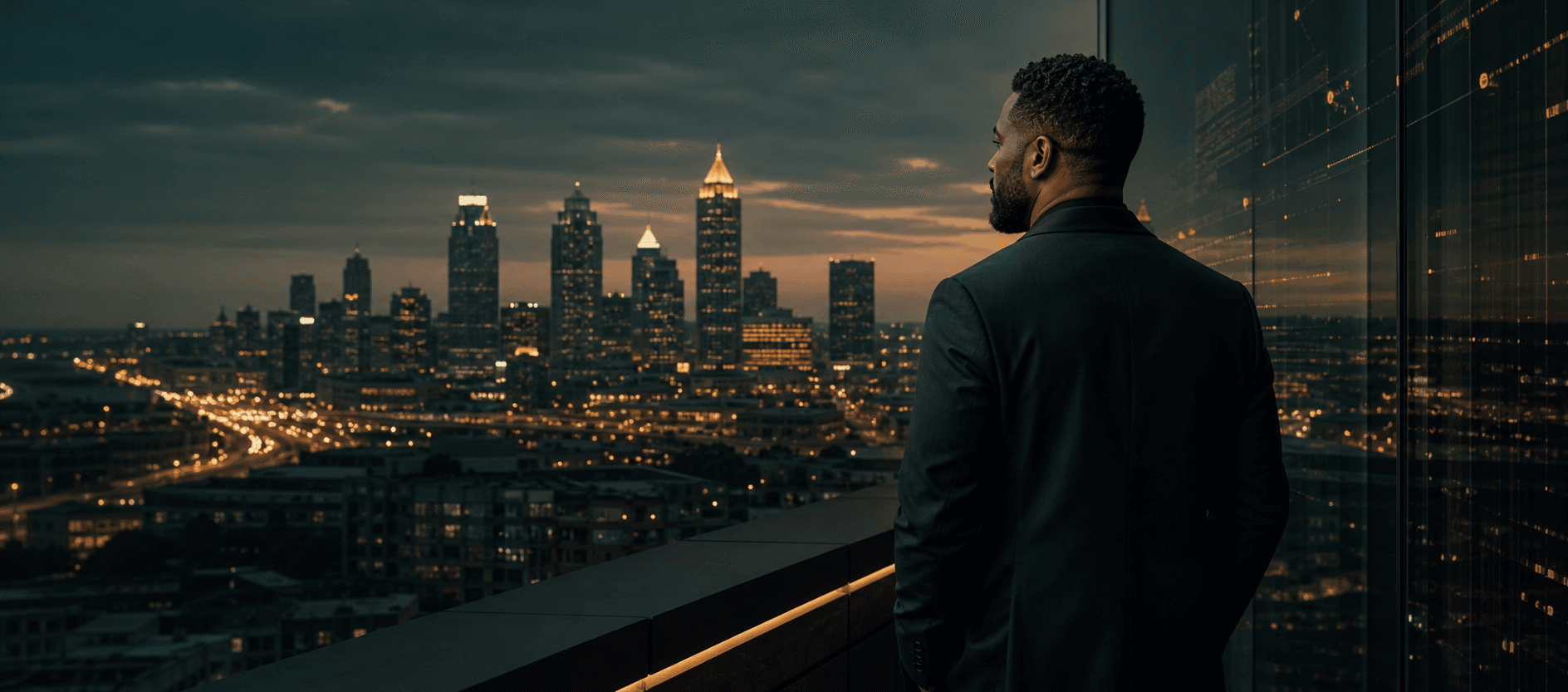 Atlanta business leader looking across the city at dusk